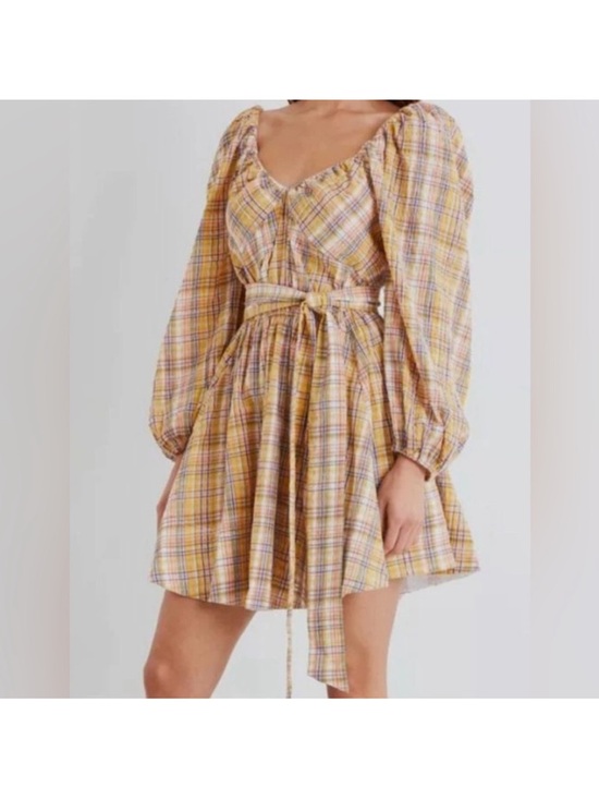 Tanya Taylor Dresses & Skirts - NWT Tanya Taylor Xena Yellow Plaid Puff-Sleeve Mini Dress